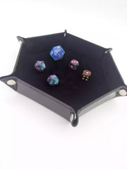 Premium black faux leather dice tray with a dedicated rolling zone to keep your TCG playmat organized