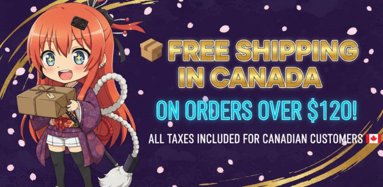 Japan Art & Doujin store banner featuring our mascot, announcing $8 economy shipping and free shipping over $120 for Canadian customers