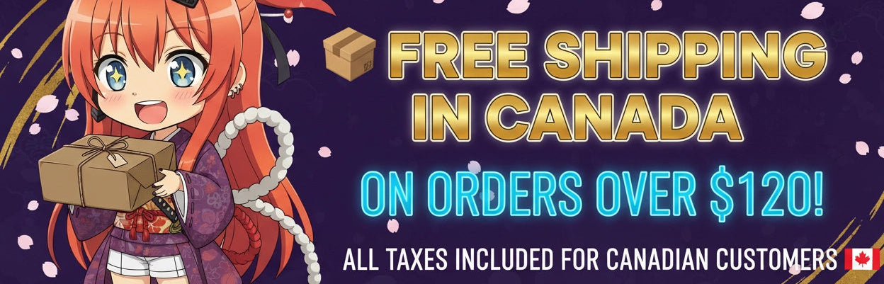 Japan Art & Doujin store banner featuring our mascot, announcing $8 economy shipping and free shipping over $120 for Canadian customers