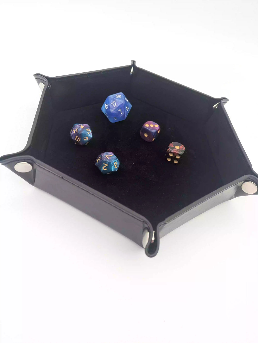Premium black faux leather dice tray with a dedicated rolling zone to keep your TCG playmat organized